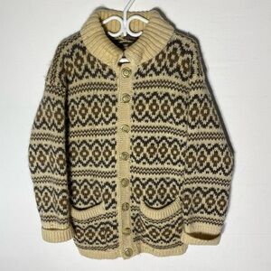 Vintage Gaeltarra Aran Wool Fair Isle Striped Button Up Knit Cardigan Sweater M